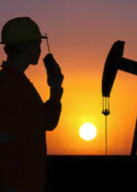 Worker talking through a two-way radio with an oil drilling rig in the background